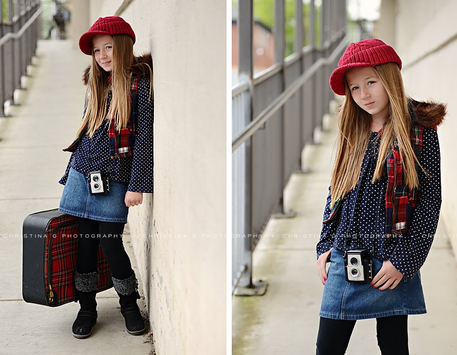 YOUNG GIRL WITH PLAID SUITCASE AND HAT
