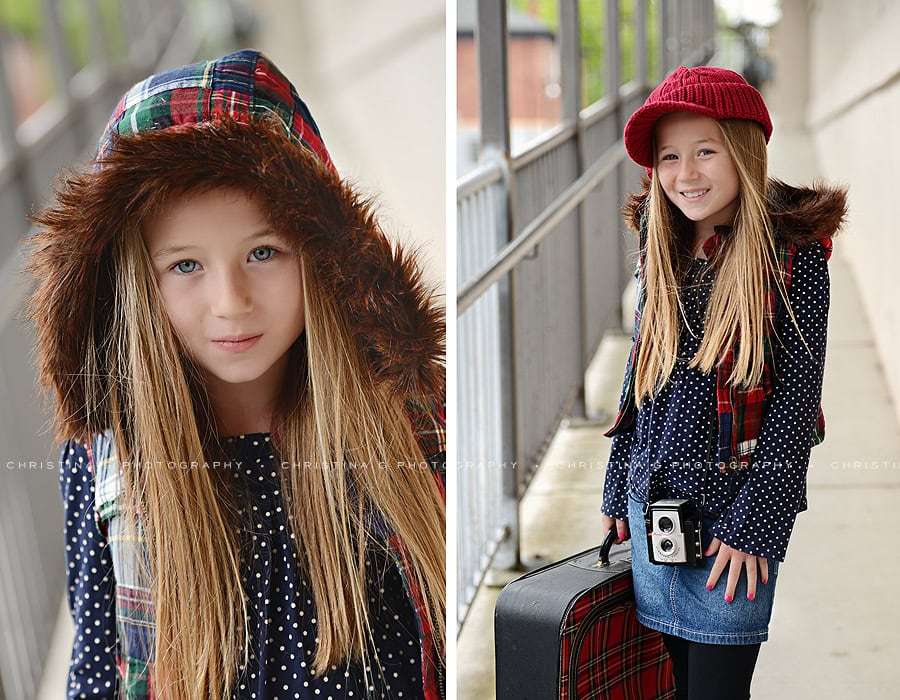 YOUNG GIRL WITH PLAID SUITCASE AND HAT