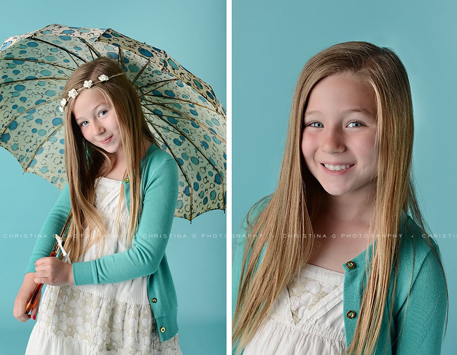 YOUNG GIRL WITH UMBRELLA IN STUDIO WITH TURQUOISE BACKGROUND