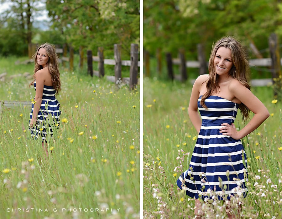 PRETTY TEEN GIRL IN FIELD OF FLOWERS WITH BLUE AND WHITE DRESS
